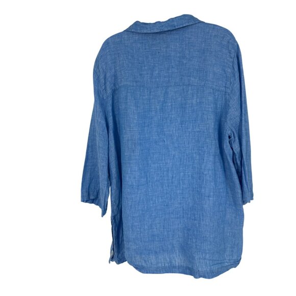 Tahari Womens 100% Linen 3/4 Sleeve With Side Buttons Blue Blouse Size 1X - Picture 5 of 11